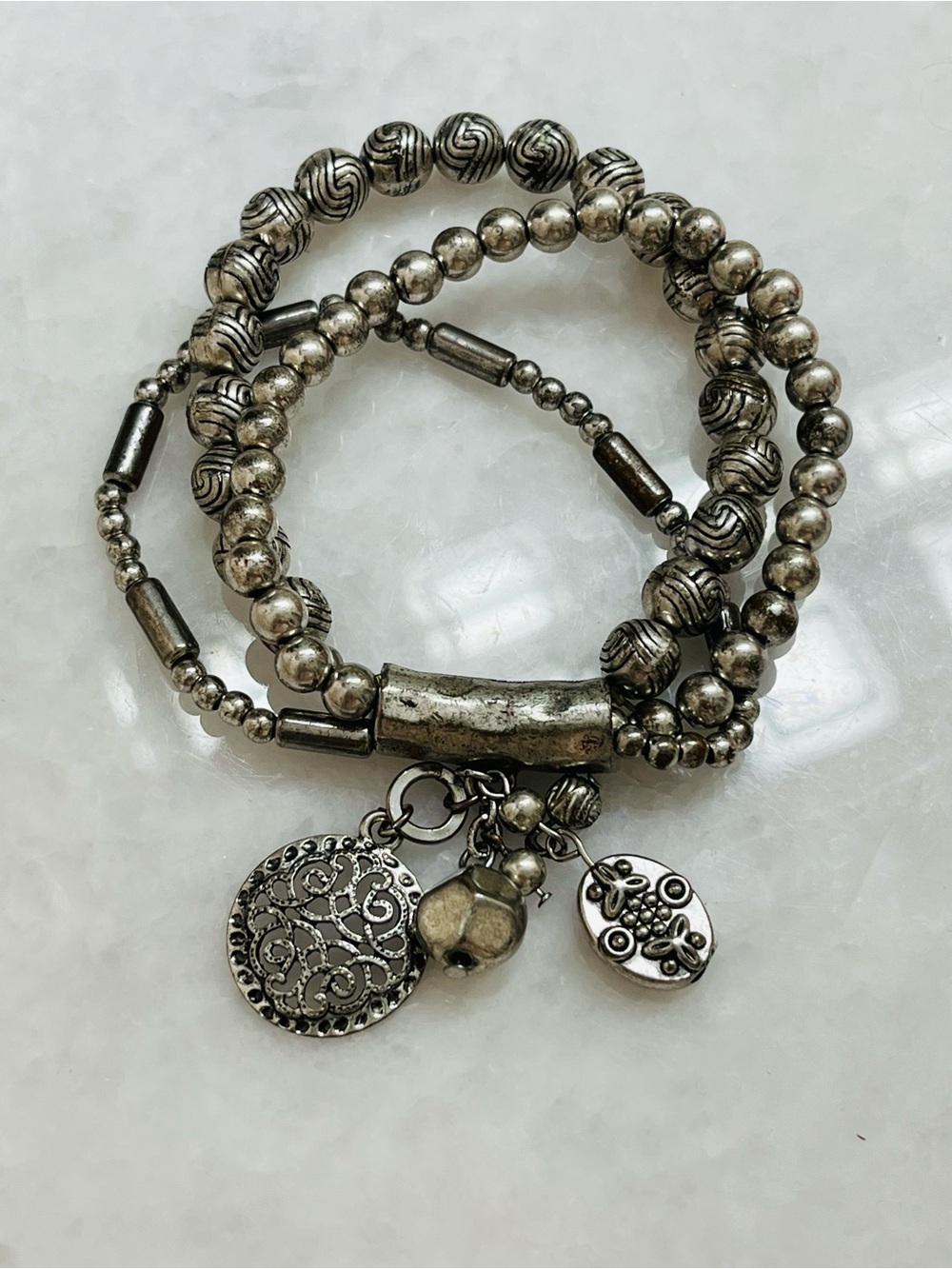 Silver-Tone Beaded Charm Bracelet Stack